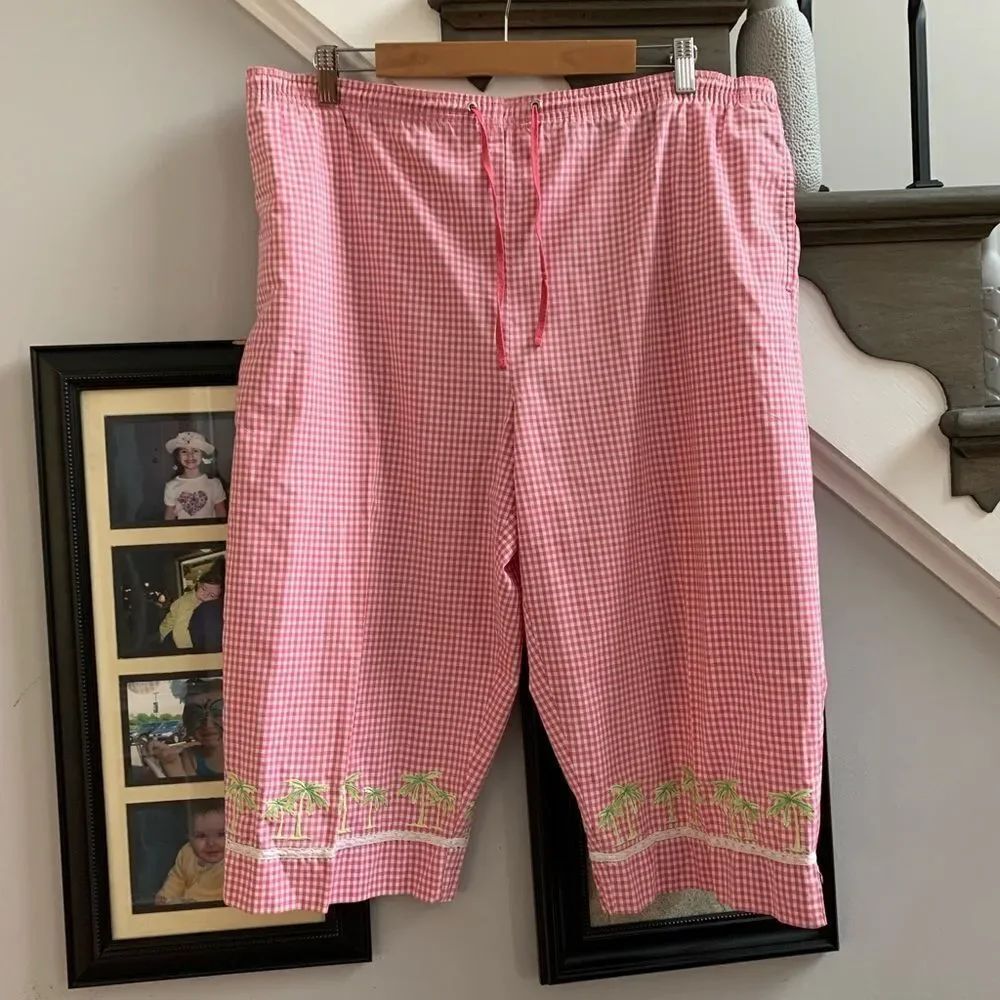 Karen Scott Pink Gingham Cropped Palm Tree Pants sz L
